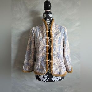 Chinese Style Womens Faux Fur Trim Embroidered Jacket Stand Collar Knot Closure